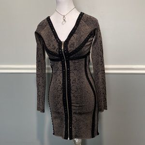 Woman Bead Applique Bodycon Dress, Snake Skin Print, Long Sleeve, XS , Pre Owned